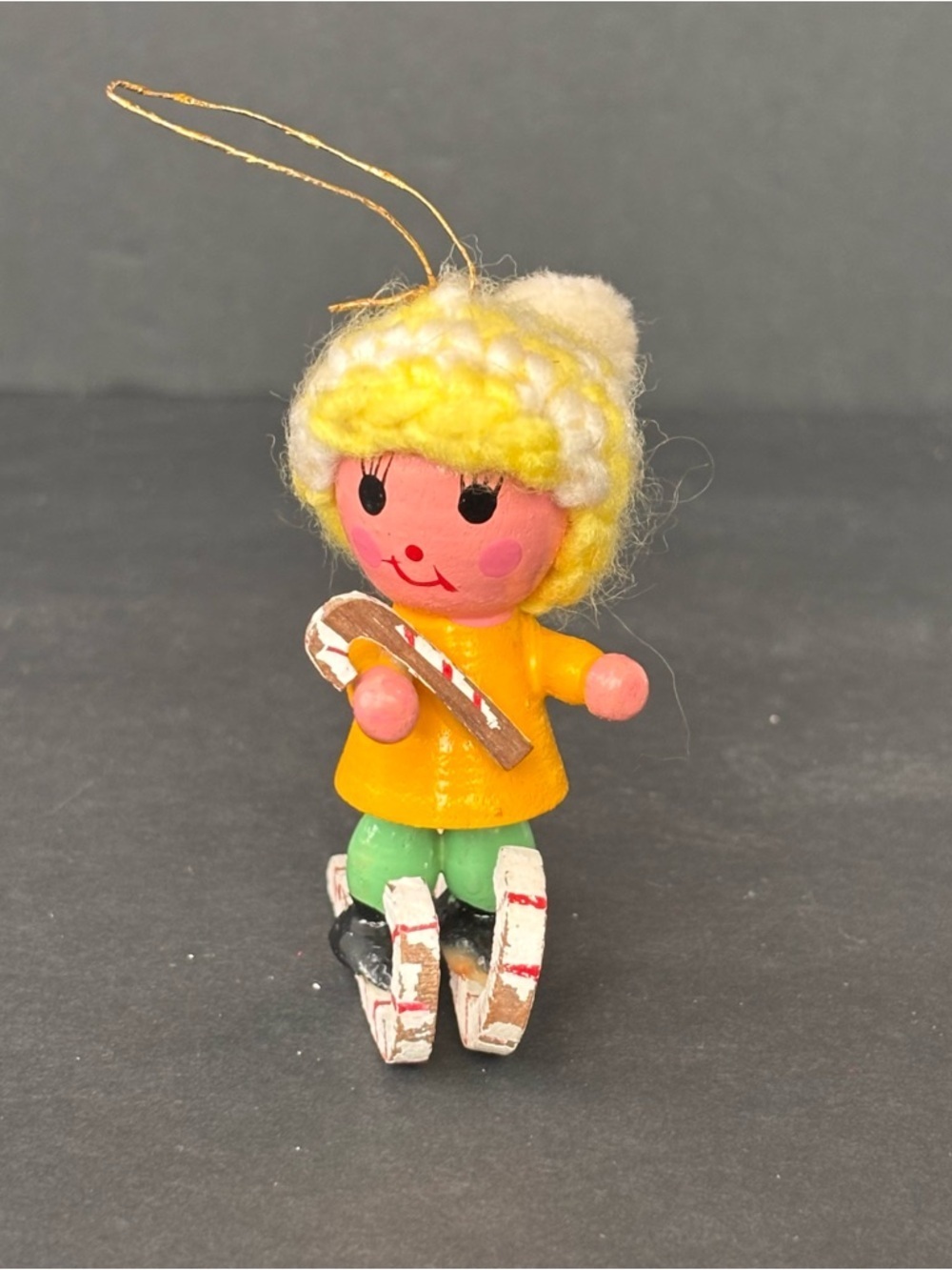 Wood Figure on Skies Christmas Figurine Skier Crochet Hat Vintage 3” Ornament - Picture 4 of 8